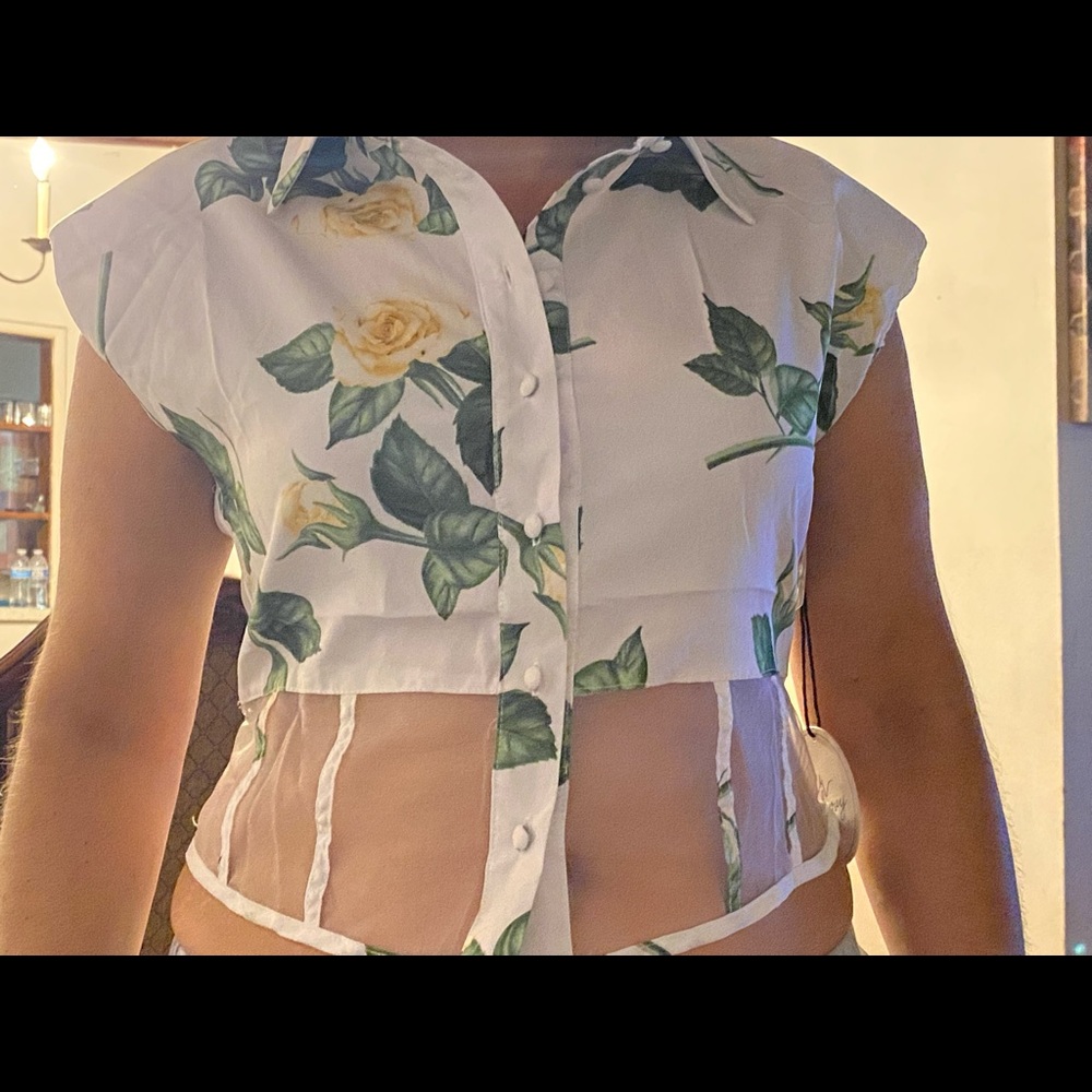 Button shirt. Mesh half of the the blouse.